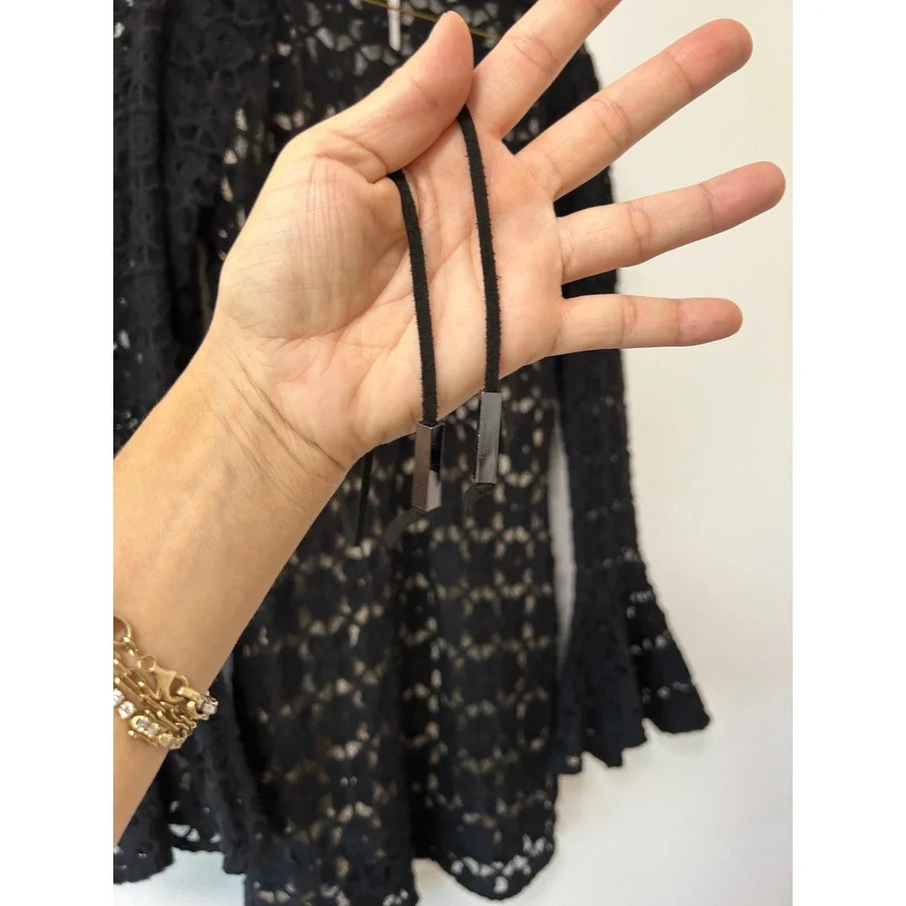 Free People Black Crochet Lace Bell Sleeve Mini Dress Lace Up Front Size 6